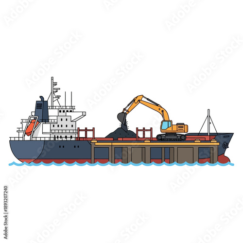 Excavator loading coal onto a cargo ship at sea.