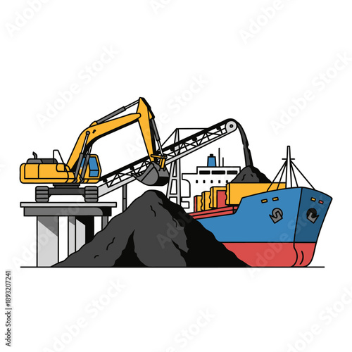 Excavator loading coal onto a cargo ship at a port.