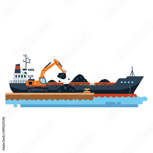 Excavator loading coal onto a cargo ship at sea.