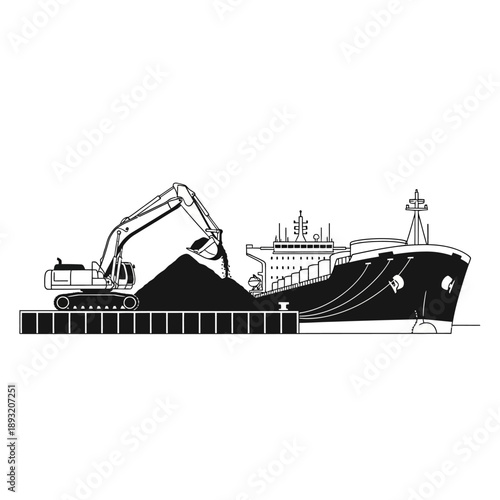 Excavator loading coal onto a large cargo ship at a dockside.