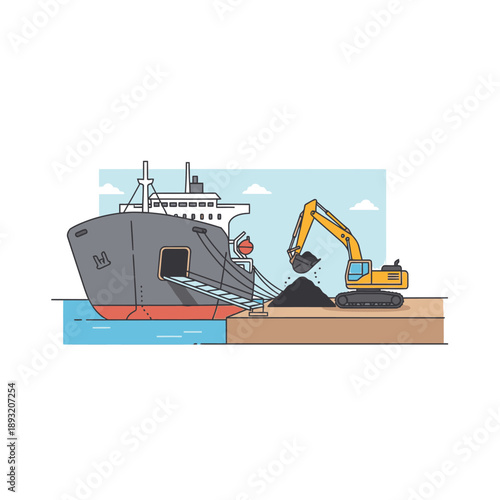 Excavator loading coal onto a large cargo ship at a dockside.