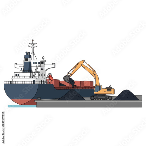 Excavator loading coal onto a large cargo ship at a port.