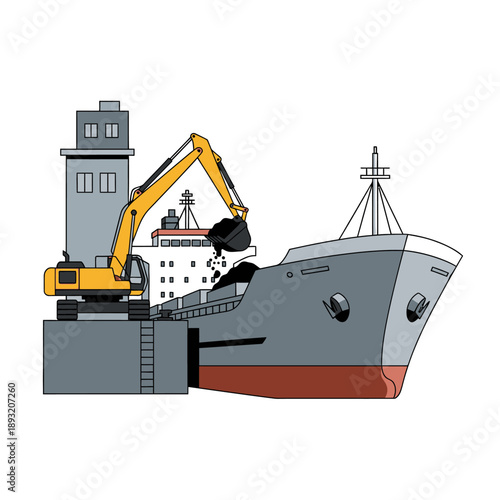 Excavator loading coal onto a large cargo ship at a port terminal.