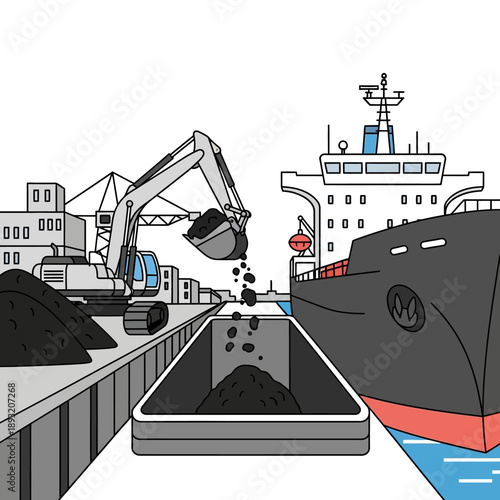 Excavator loading coal onto a cargo ship at a port.