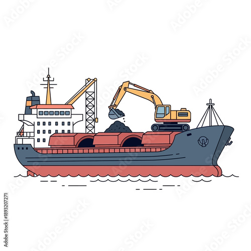 Excavator Loading Coal onto a Cargo Ship for Transportation.