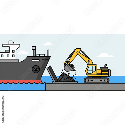 Excavator Loading Coal onto a Large Cargo Ship at a Port.