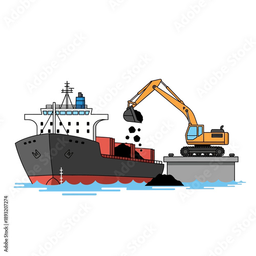 Excavator loading coal onto a large cargo ship at a port.