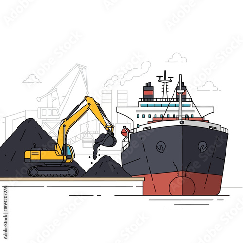 Excavator loading coal onto a large cargo ship at a port.
