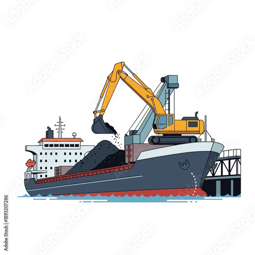 Excavator Loading Coal onto Cargo Ship at Dockside.