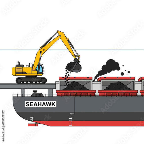 Excavator loading coal onto a large cargo ship named Seahawk.
