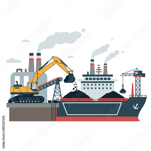 Excavator loading coal onto cargo ship at industrial port.