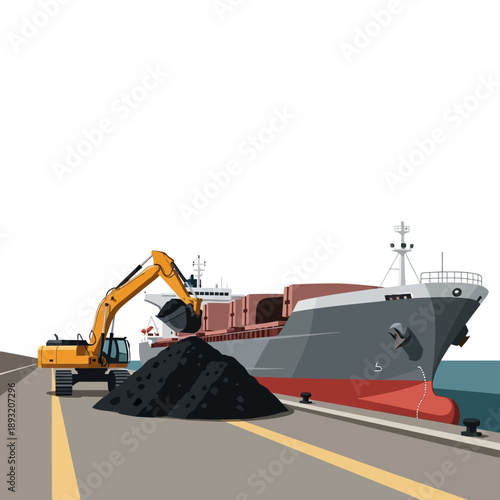 Excavator Loading Coal onto Cargo Ship at Port.