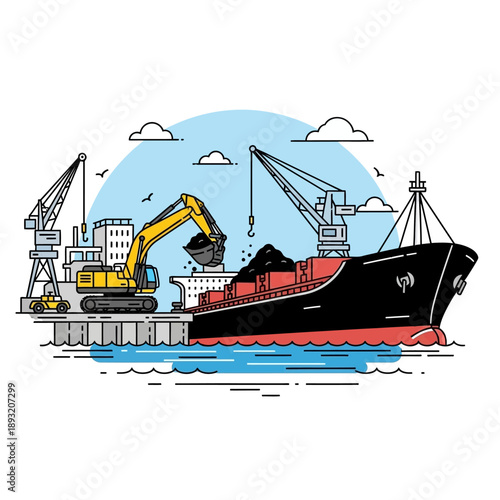 Excavator Loading Coal onto Cargo Ship at Industrial Port.