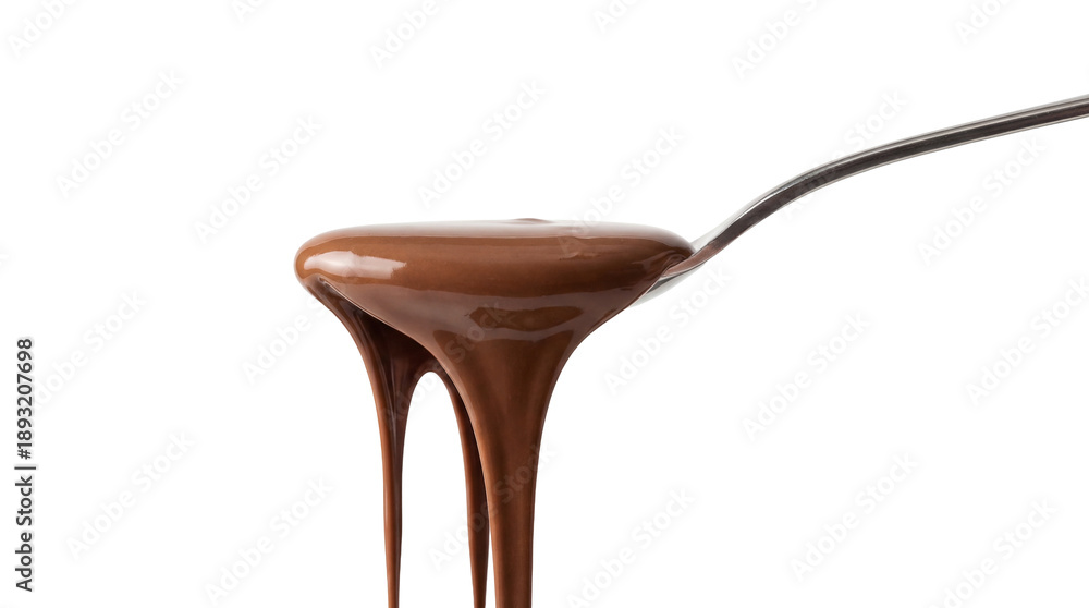 Fototapeta premium Melted milk chocolate dripping from a spoon on transparent background