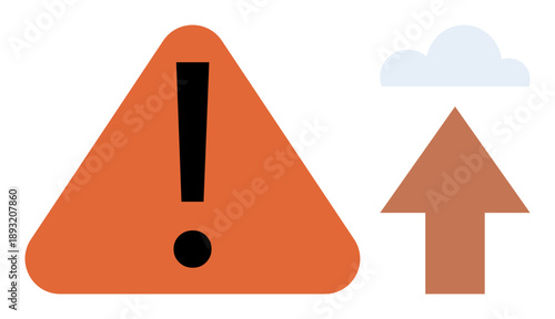 Alerts, progress, caution, navigation, direction, weather. Orange warning triangle with exclamation mark next to an upward arrow and a cloud. Alerts and progress concept
