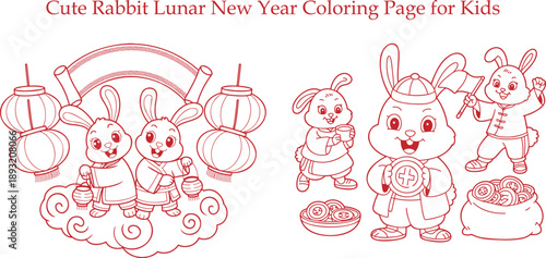 Delightful line art featuring cute rabbits in traditional clothing for a Lunar New Year coloring page