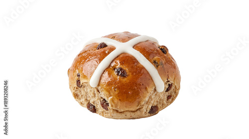 Hot cross bun with icing cross on transparent background