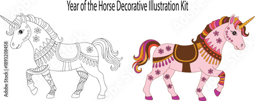 A decorative unicorn illustration with floral and tribal patterns, presented in both colored and outline versions