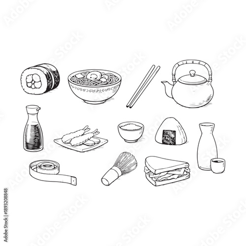 Japanese cuisine elements hand drawn line art for asian food theme