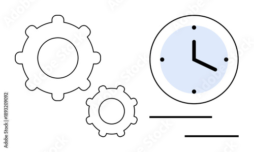 Gears representing process efficiency and a clock symbolizing time management. Ideal for productivity, workflow, planning, engineering, scheduling, deadlines, organization. Simple flat metaphor