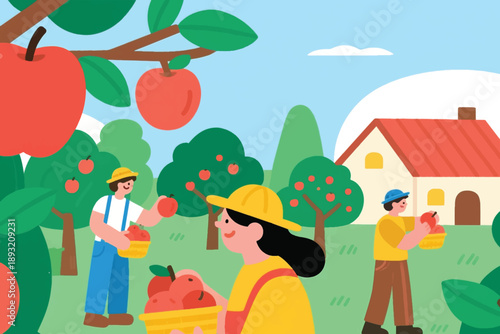 Illustration Of A Ripe Apple Orchard And A Group Of Workers Starting To Pick And Choose Them Vector Design Template