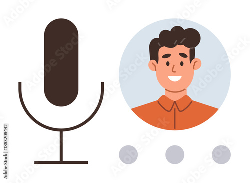 Voice recognition, podcasting, user interaction, audio communication, technology, virtual assistant. Minimalist microphone icon and smiling avatar in a circular frame. Voice recognition