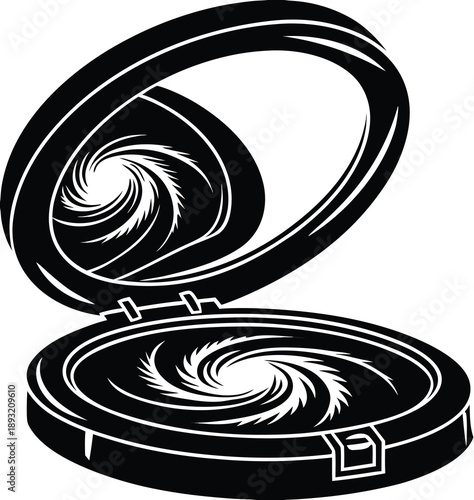 Monochrome vector drawing of cosmetic accessory featuring an open container revealing abstract swirling pattern resembling deep outer space or starry universe design
