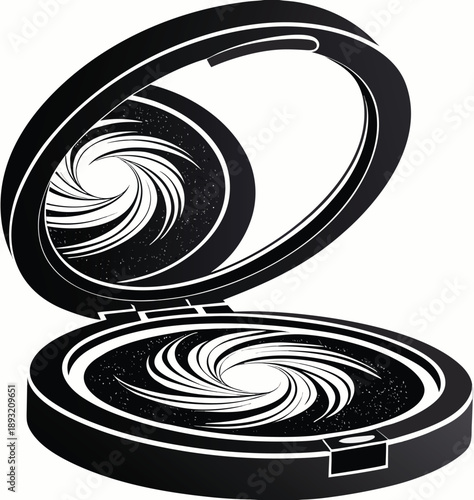 Monochrome vector drawing of cosmetic accessory featuring an open container revealing abstract swirling pattern resembling deep outer space or starry universe design
