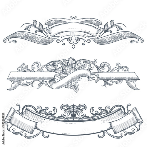 Set of vector hand drawn ornate banner frames in vintage calligraphic victorian style