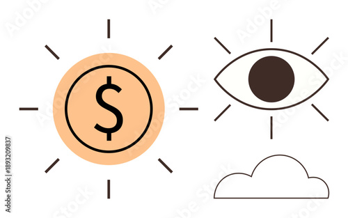 Investment, financial planning, vision, surveillance, progress, economy. Dollar sign highlighted within a sun, an eye icon and a minimal cloud. Financial planning and investment concept