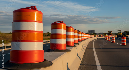 Traffic cones on a highway under construction with orange barrels lining the road on a clear day