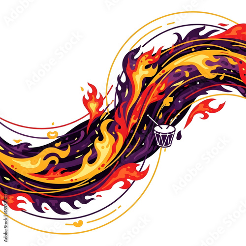 Energetic abstract illustration featuring fiery waves and a rhythmic drum, symbolizing passion and celebration