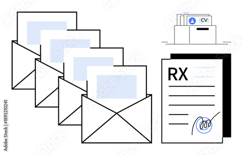 Document management concept. Organizing documents for efficient mail correspondence and storage. Document management aids in prescription handling, resumes, and communication. For office, medical