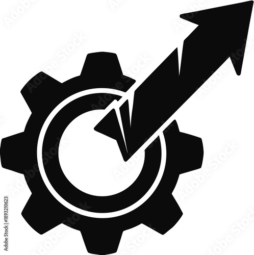 Mechanical cogwheel design featuring diagonal growth arrow for corporate development and system engineering improvement task