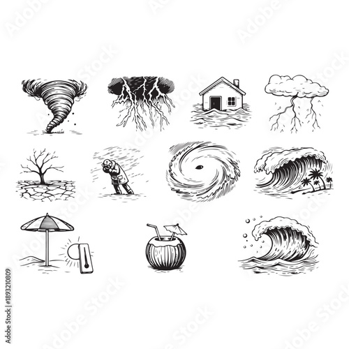 Natural disaster elements icons for extreme weather events