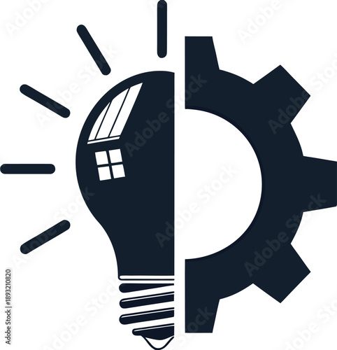 Split black icon combining half a light bulb and half a gear symbolizing the synergy between creative ideas and execution mechanics
