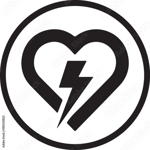 Heart with lightning bolt symbol, representing medical defibrillator, AED, cardiac care, or emergency health intervention icon