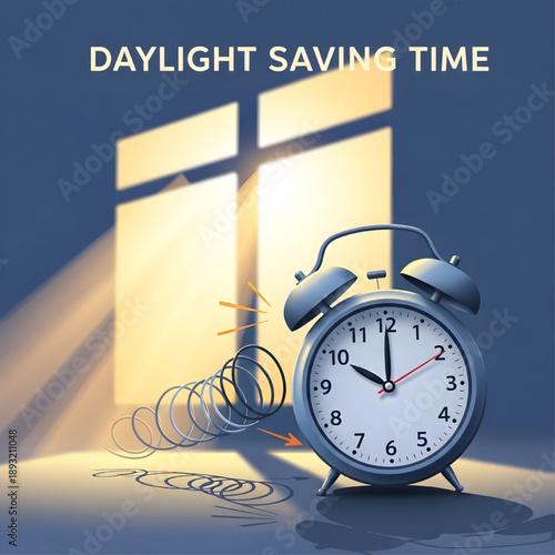 Spring forward concept with an alarm clock and sunbeams for seasonal time adjustment