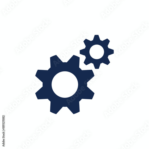 Two dark blue interlocking gears vector icon isolated on white, symbol of teamwork, mechanical process, settings, and industrial cooperation