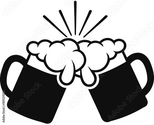 Two cartoon styled beer mugs clinking together with a splash effect, a symbol of celebration or a toast