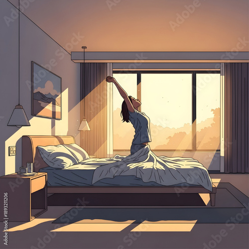Woman stretching peacefully in a sun-drenched bedroom, embracing the warmth and tranquility of a new morning