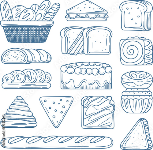 Hand drawn collection of delicious bakery and bread assortment , bakery, bread, pastry, croissant