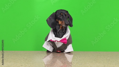 A dachshund in a white shirt with a pink bow tie, dressed as a waiter or bartender, stands directly behind a reflective surface against a green chroma key background.