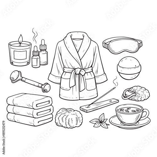 Relaxing spa and wellness icons set with bathrobe candles and towels