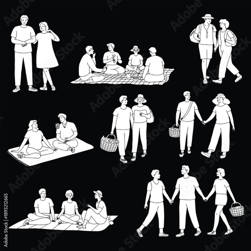 Minimalist line of couples and groups enjoying outdoor picnics and walks , picnic, outdoor, people, couples,
