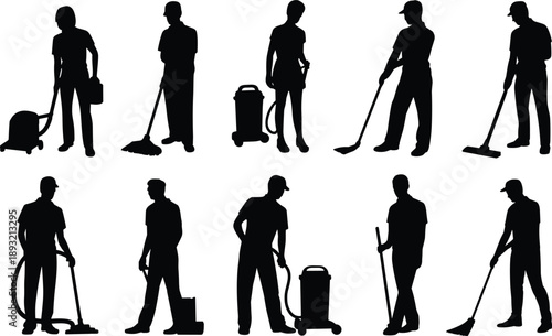 Cleaning service worker silhouettes set, professional janitor people with vacuum and mop, black figures for housekeeping, maintenance, hygiene, commercial illustration