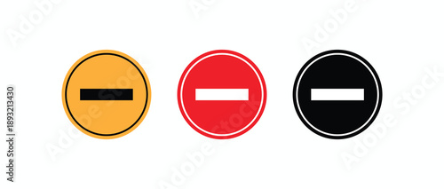 Circular no entry or restricted access signs with a minus symbol in red, yellow, and black, flat vector set