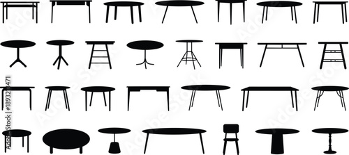 Table silhouettes set, furniture vector collection, modern and classic table designs, black household icons, interior decor elements isolated on white background