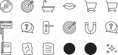 General purpose icons set with shopping targets messages documents and interface elements in minimal outline vector style