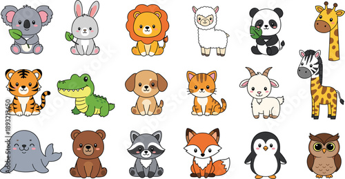 Large collection of cute kawaii style baby animals including panda koala lion penguin fox and owl isolated on white background for kids design.